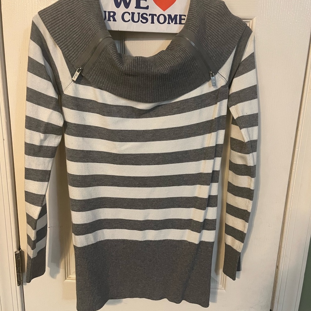 Guess Gray and White Striped Cowl Neck Sweater